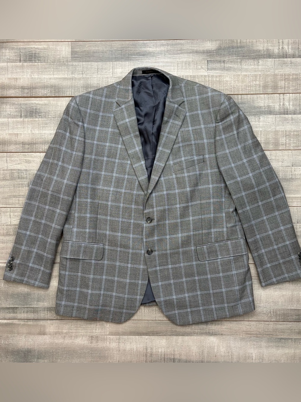 Jos A Bank Reserve 50R Blazer Silk Wool Gray Blue Windowpane Plaid Sport Coat